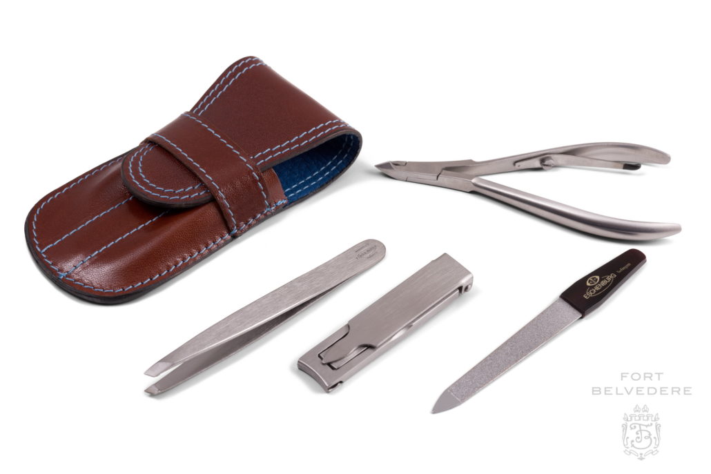 Brown Calf Leather and Blue Deerskin Manicure Kit with Stainless Steel Nail Clipper and Tweezers Made in Germany by Fort Belvedere-6290