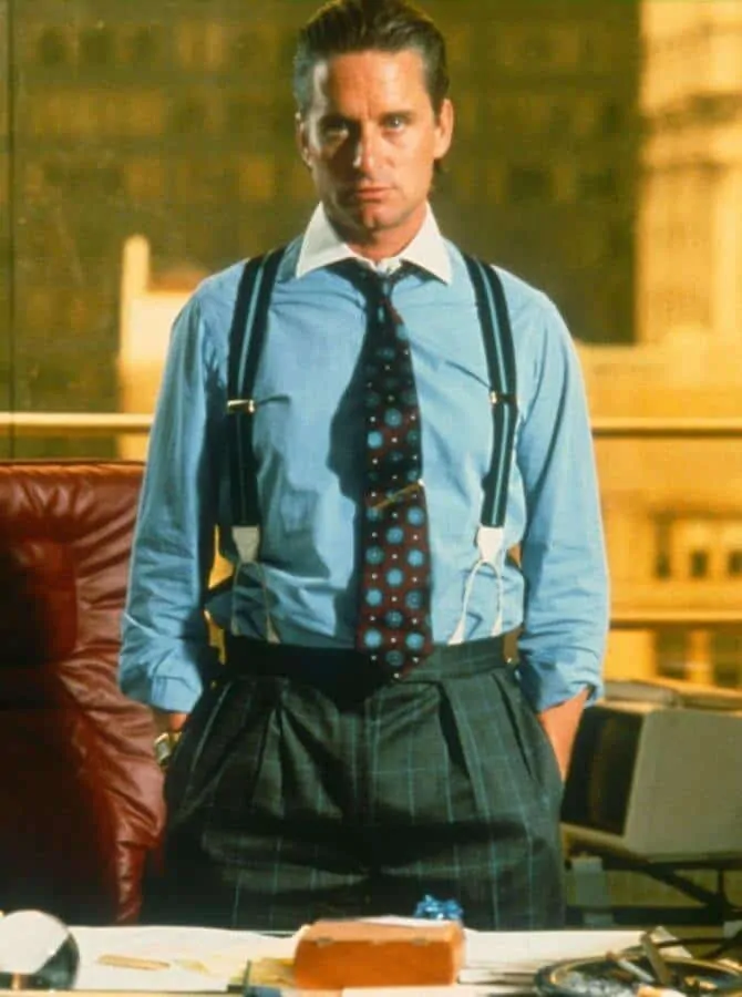 Gordon Gekko in Wall Street wearing a printed power tie with large motifs