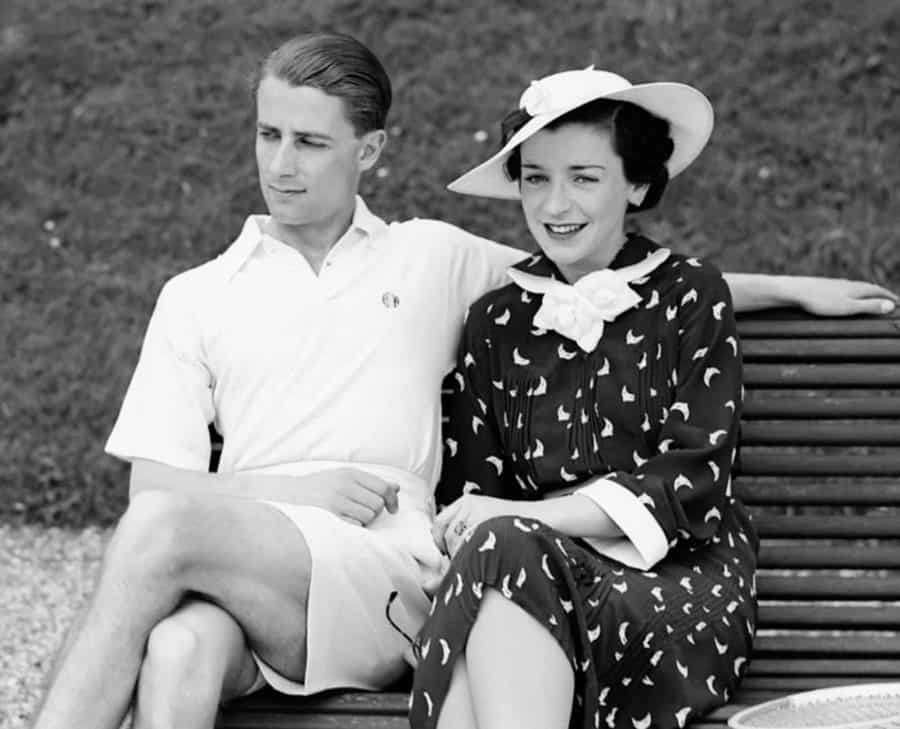 Henry Bunny Austin in white shorts and a polo with his wife in 1936
