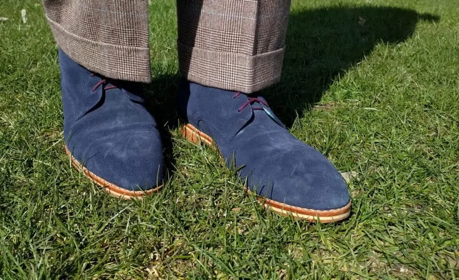 Made To Order Boots in blue suede with brown leather soles and contrasting shoelaces