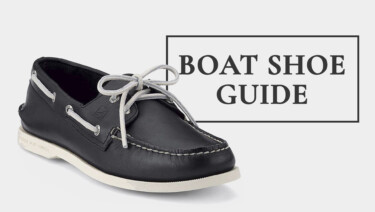 A black and white leather boat shoe from Sperry; text reads, "Boat Shoe Guide"