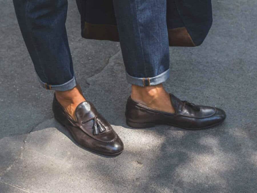 Pinrolled jeans with tassel loafers