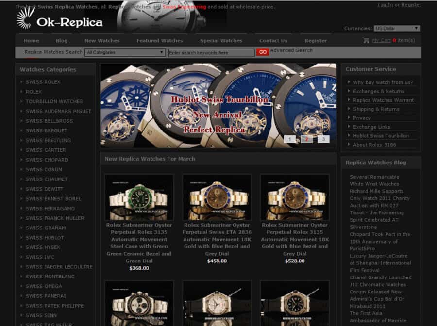 An example of a website selling replica watches