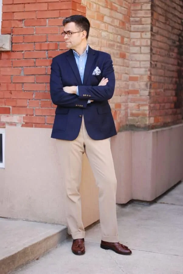 Business Casual Outfit Single Breasted Blazer with popover shirt, cotton pocket square, khakis and brown tassel loafers by hogtownrake