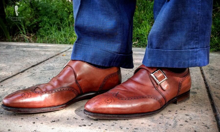Crockett & Jones Chadwick 2 Monk Strap with silver buckle, blue linen pants and blue and navy striped socks