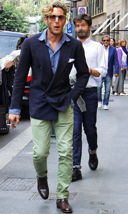 Lapo Elkann Milan fashion week 2015 wearing a DB navy jacket and trousers paired with a unusual double monk shoes