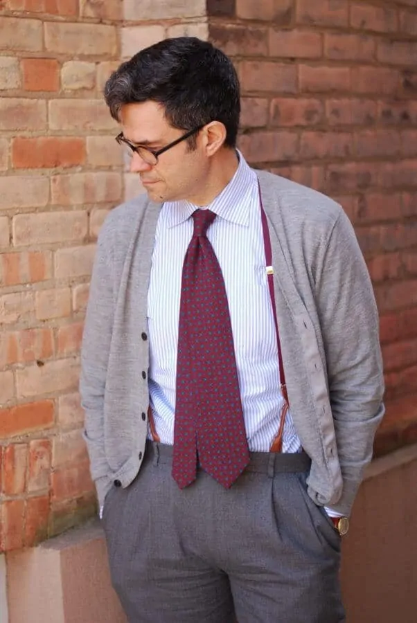 Business Casual Mens by hogtownrake - Cardigan Madder inspired tie that extends beyond the waistband with suspenders, and vintage watch