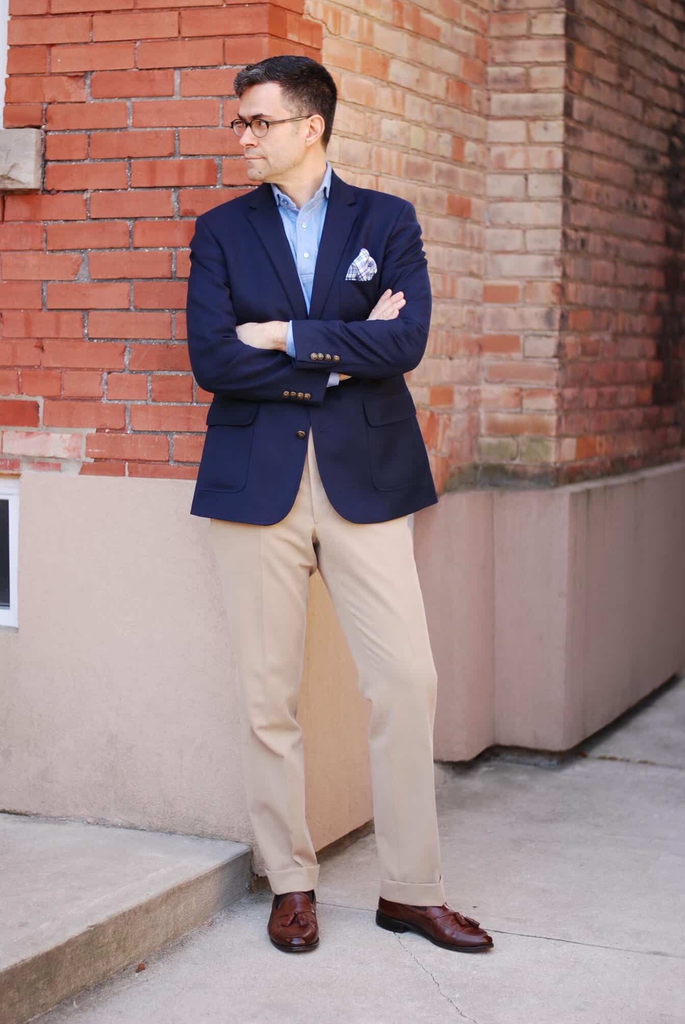 Business Casual Outfit by Hogtownrake - Single Breasted Blazer with popover shirt, cotton pocket square, khakis and brown tassel loafers