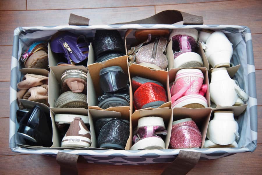 Use wine boxes to store off season shoes