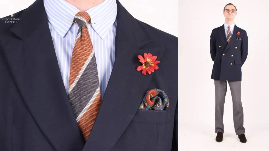 A blazer’s metal buttons and formal construction make it a good complement to collar jewelry.