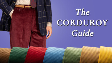 Raphael in a maroon pair of Fort Belvedere Stancliffe corduroy trousers, along with close-ups of all of the colors in the Stancliffe range; text reads, "The Corduroy Guide"