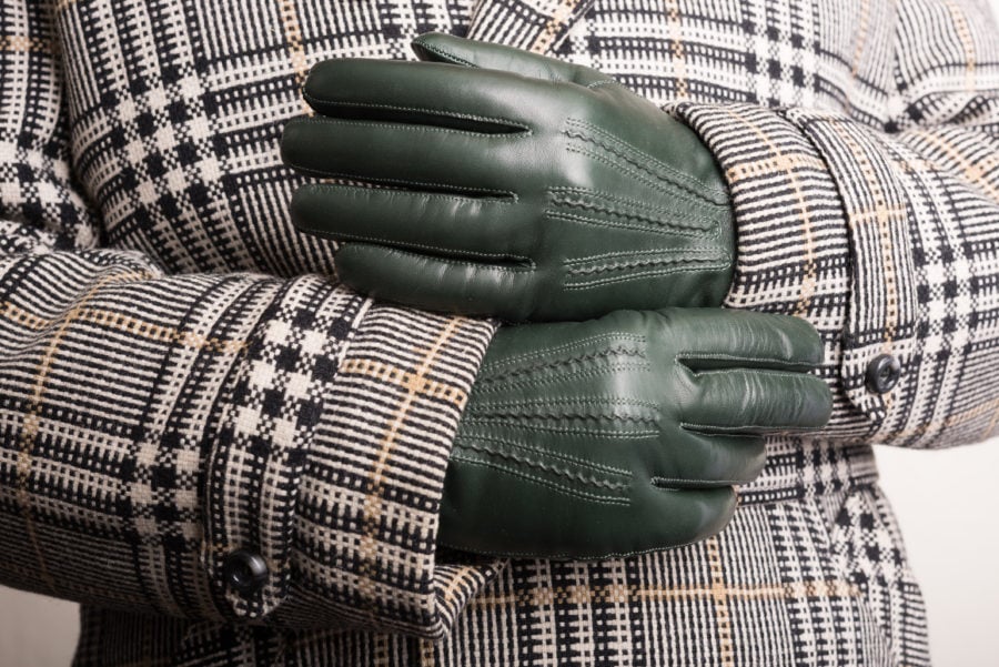 Dark Green Men's Gloves with Button in Lamb Nappa Leather