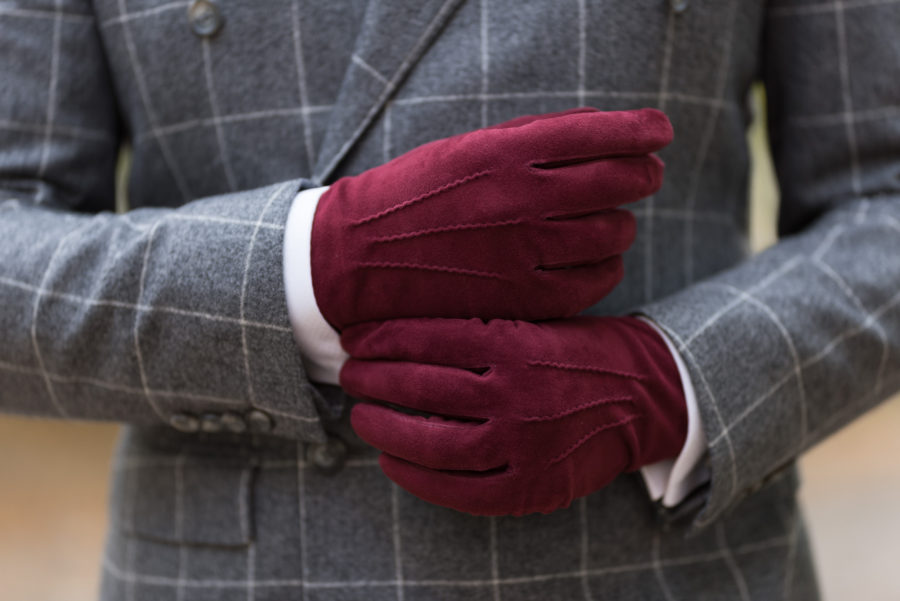 Burgundy Unlined Lamb Suede Gloves with Green Contrast Leather Button Gloves - Fort Belvedere