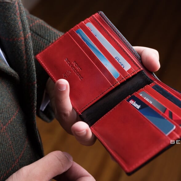 Mens Leather Wallet In Black Red Boxcalf For 10 Credit Card By Fort Belvedere 9362 Folded, double sided edges that go all the way to the edge with sewn card slots - 2 hallmarks of a luxury wallet