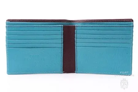 Men's Leather Wallet in Burgundy and Turquoise Deerskin with 10 Card Slots