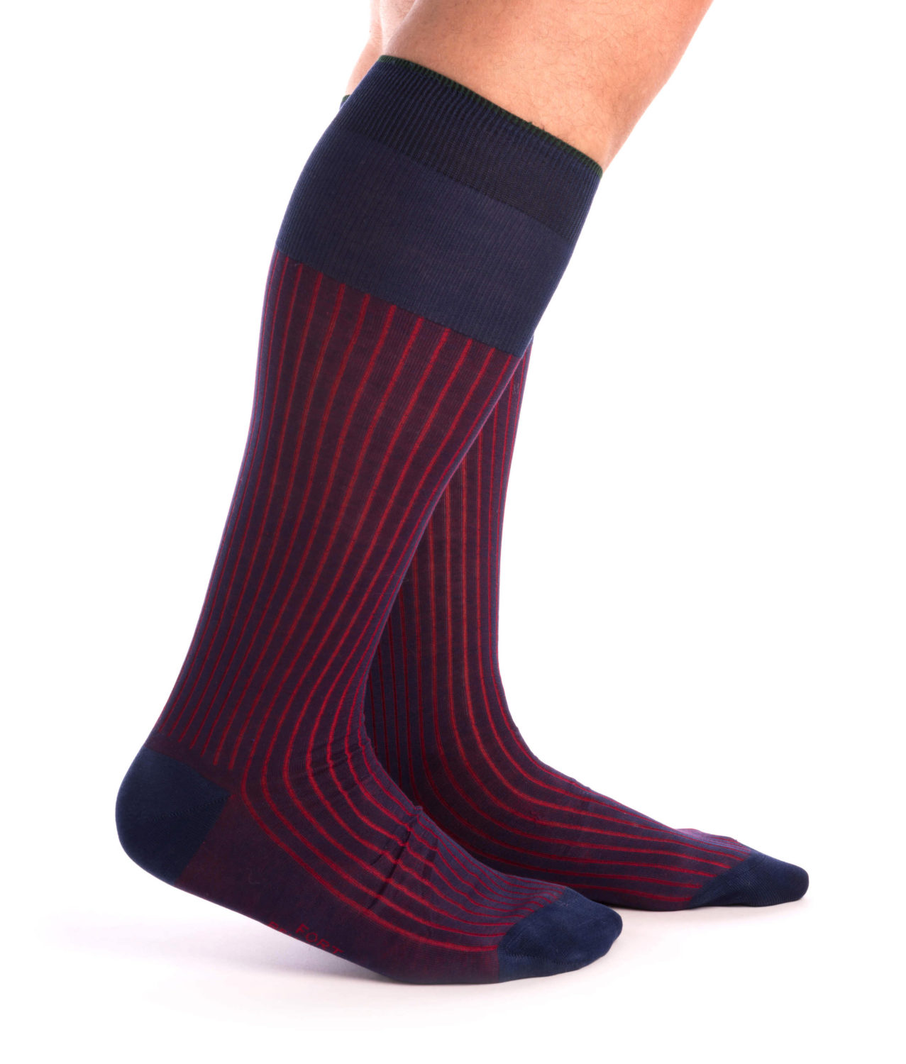 Over the calf Shadow Stripe Ribbed Socks Navy Blue & Red Fil d'Ecosse Cotton - Fort Belvedere