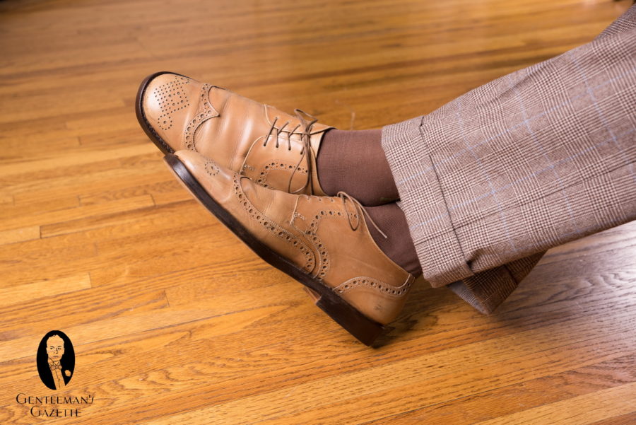 tan derby shoes with Mid Brown Socks with Green and Cream Clocks by fort belvedere with glen plaid trousers