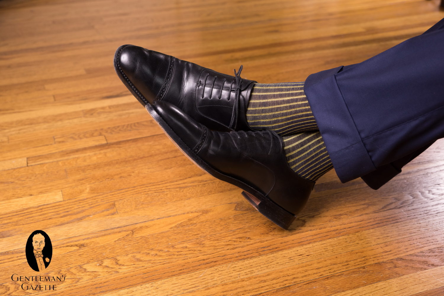 Black Oxfords with navy trousers