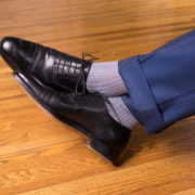 Lighter colored two tone socks provide an interesting contrast, but the blue ties the pants and socks together