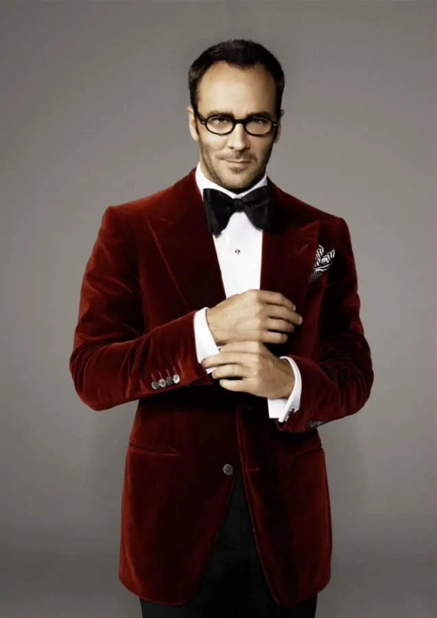 Tom Ford seems to use velvet dinner jackets for pops of color against monotone suits