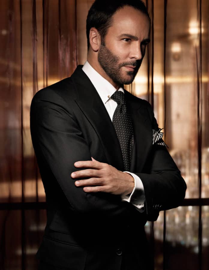 Tom Ford uses small mono splashes of sprezzatura on a black and white canvas of shirt and suit