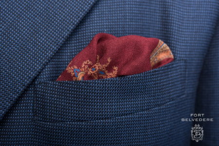 Wine red, yellow, blue green orange silk-wool medallion pocket square by Fort Belvedere