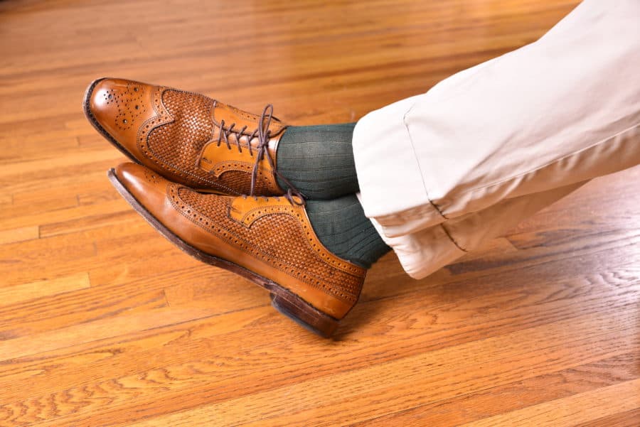 Brown derby shoes with Dark Green and Purple shadow stripe ribbed socks by Fort Belvedere