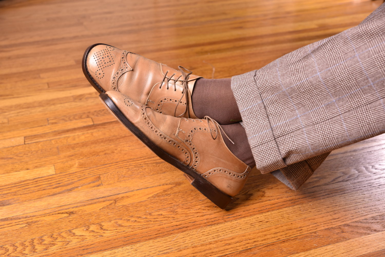 tan derby shoes with Mid Brown Socks with Green and Cream Clocks by fort belvedere with glen plaid trousers