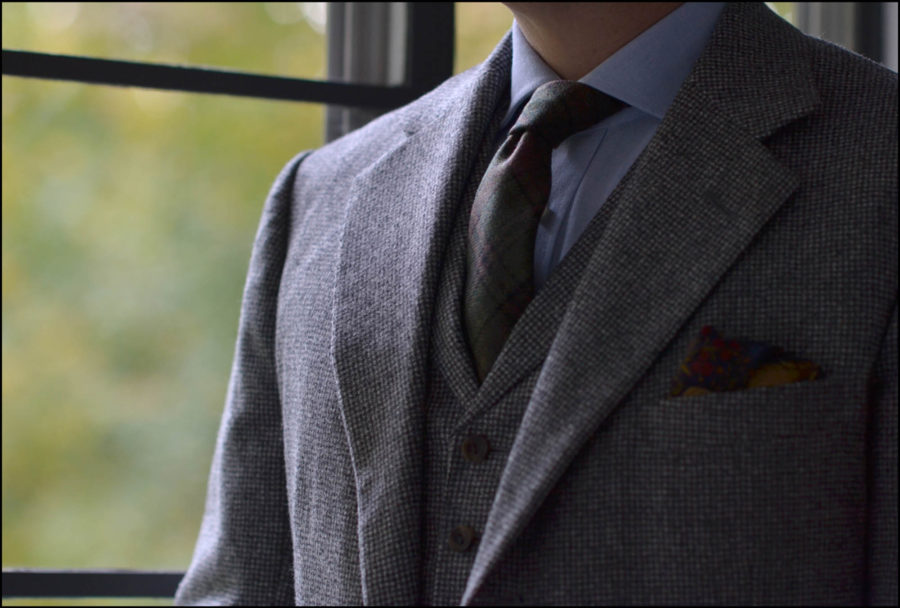 A gray flannel suit with matching waistcoat