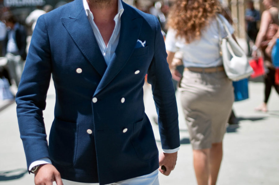 A unique navy blazer can work to give you a second jacket without looking similar to your suit jacket