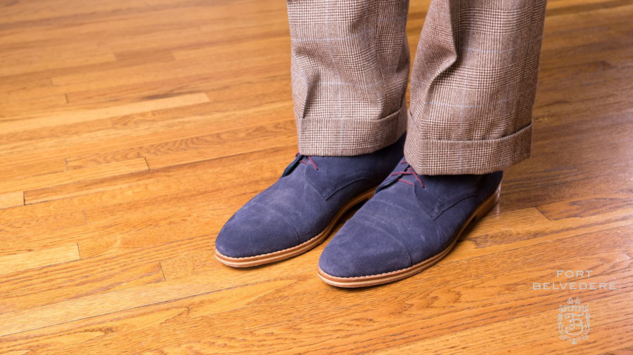 Blue suede boots with Glen plaid trousers