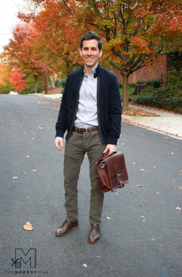 Chinos work well on shorter men like Brock McGoff of The Modest Man