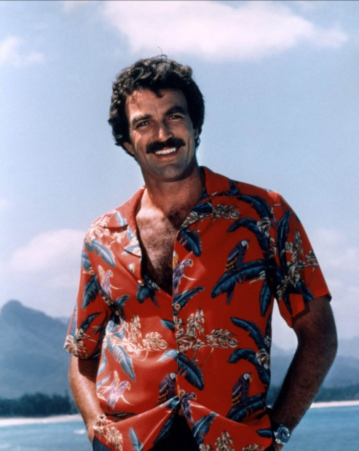 Tom Selleck with chest hair protruding from his shirt