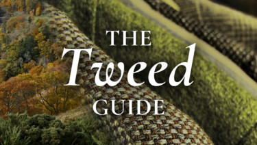 A blended image of the greens and oranges of the Scottish highlands, and similar hues in tweed jackets. Text reads, "The Tweed Guide"