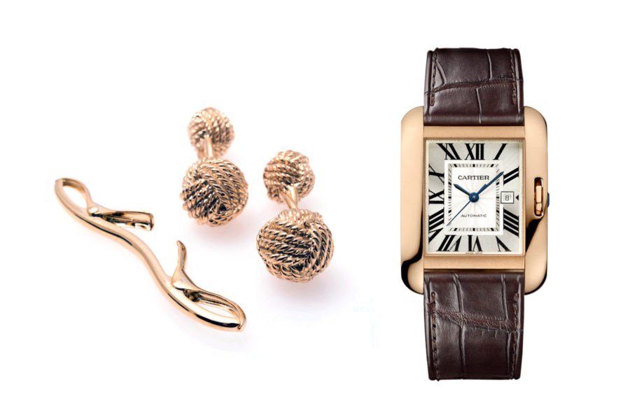 Gold Cartier watch, Fort Belvedere cufflinks and a Fort Belvedere collar clip