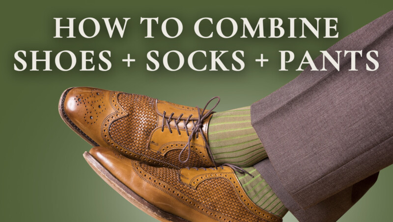 Brown brogue derby shoes paired with Mid Brown and Green Shadow Stripe Socks and charcoal brown trousers; text reads "How to Combine Shoes+Socks+Pants"
