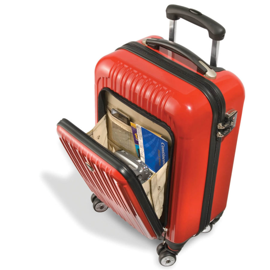 An upright spinner with a front pocket designed for work essentials is the perfect option for business travel