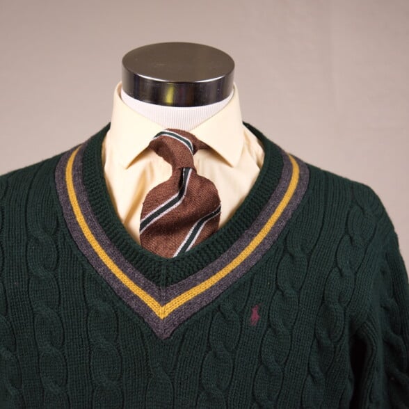 Bottle Green Sweater With V Neck And Brown Stripes Tie By Fort Belvedere Bottle Green Sweater with V-neck and brown stripes tie by Fort Belvedere