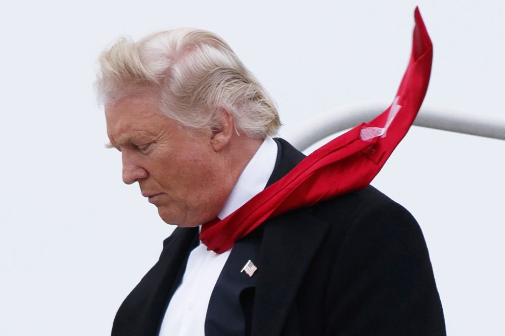 Donald Trump with tape on his tie at Indianapolis International Airport Dec. 1, 2016, in Indianapolis