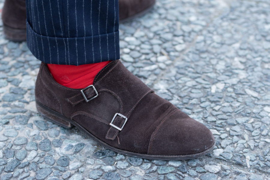 Flannel Pinstripe with red socks and suede chocolate double monks
