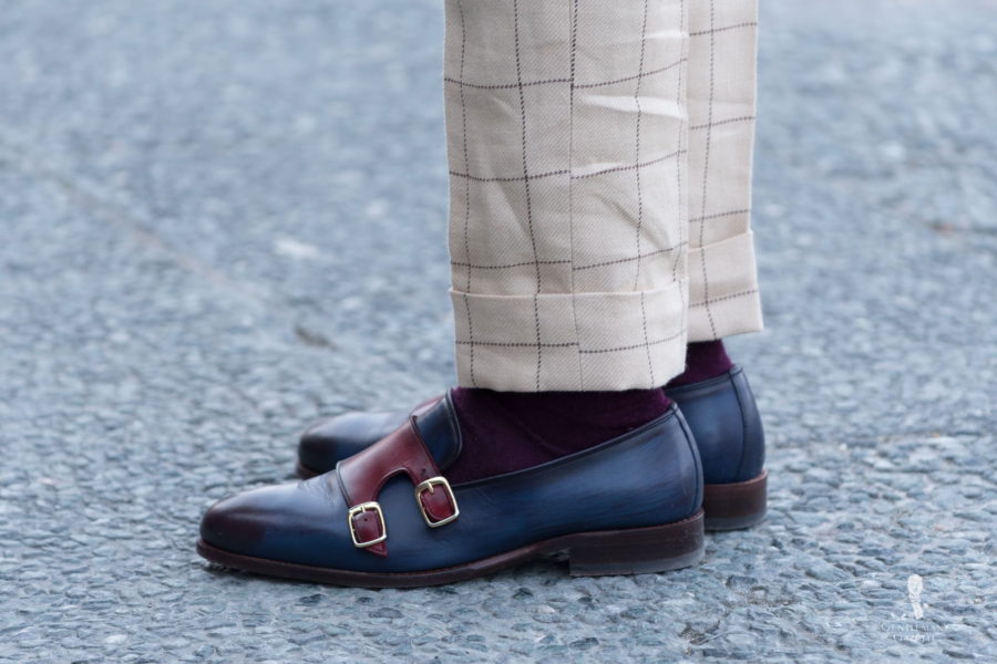Two tone slipper double monks with purple socks and off white windowpane