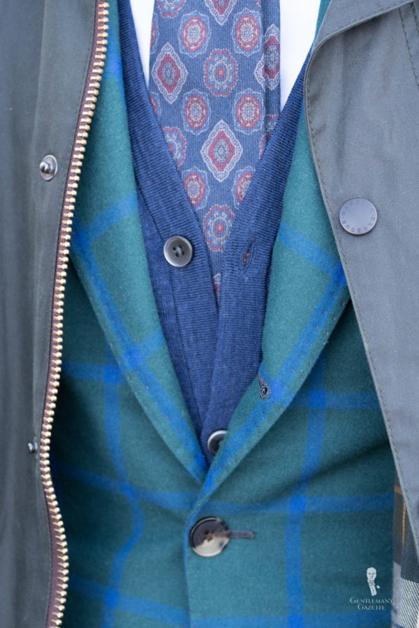 Wax jacket, green blue windowpane sport coat, cardigan, printed wool tie by blueloafers