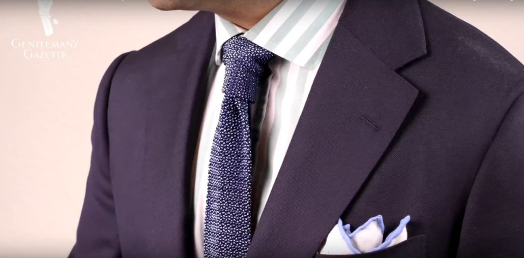 A bold striped shirt, blue knit tie and linen pocket square by Fort Belvedere