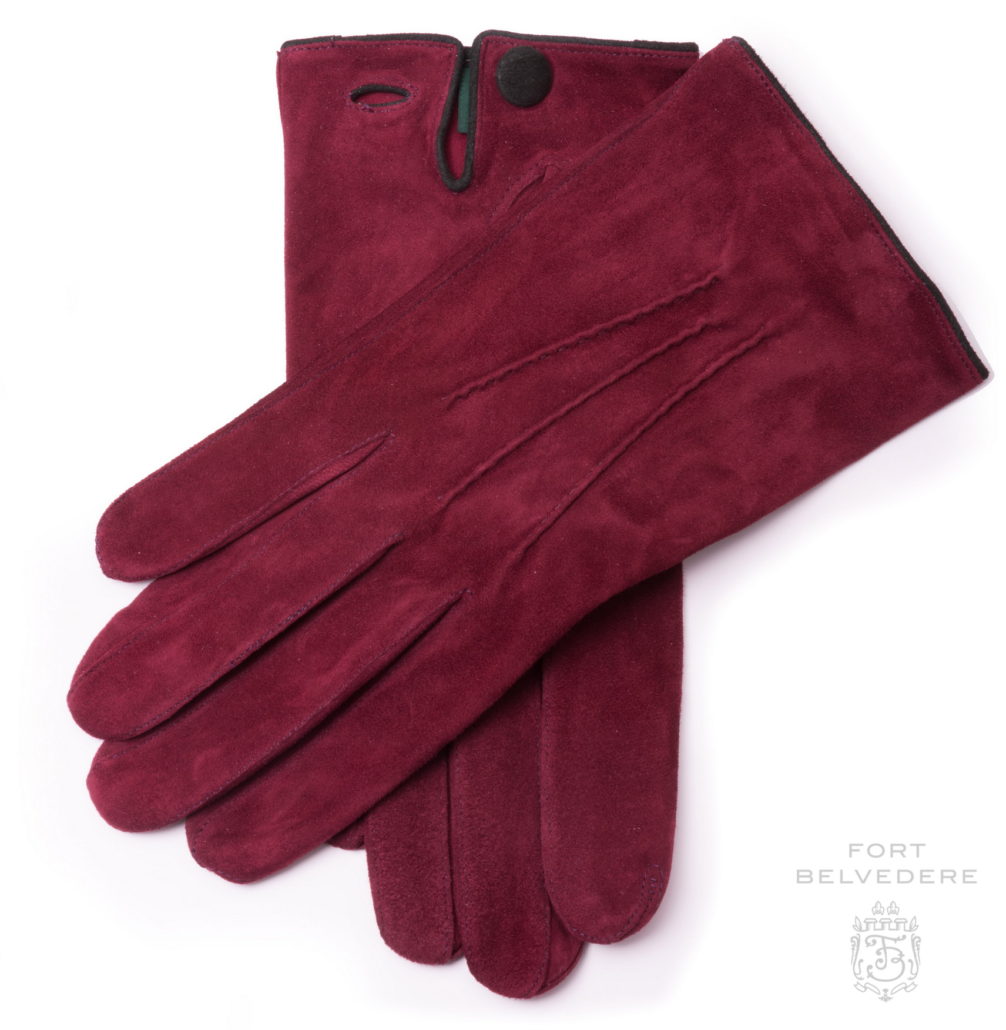 Burgundy Unlined Lamb Suede Gloves with Green Contrast Leather Button Gloves - Fort Belvedere Main