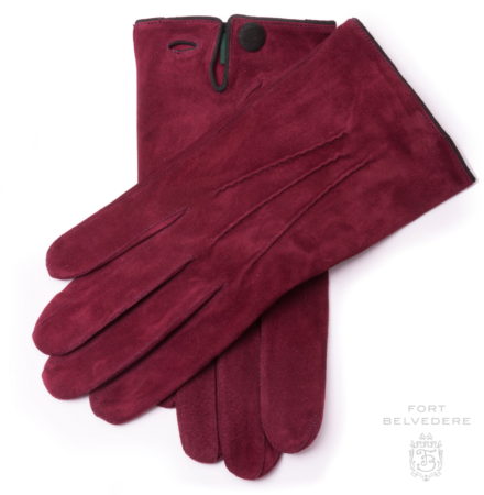 Burgundy Red Suede Unlined Leather Mens Gloves with Button