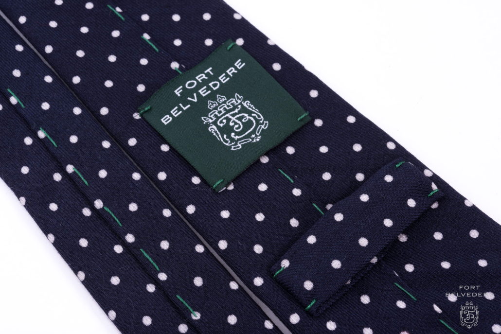 Carefully Hand Sewn Wool Challis Tie in Navy with White Polka Dots 9cm width - Fort Belvedere