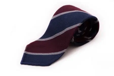 Cashmere Wool Grenadine Tie in Dark Blue, Burgundy, Light Grey Stripe