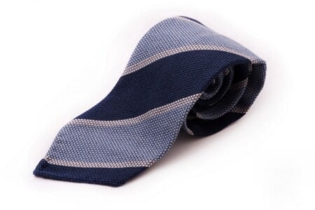 Cashmere Wool Grenadine Tie in Dark Blue, Light Blue, Off White Stripe