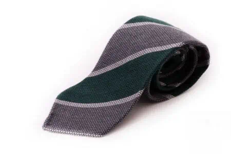 Cashmere Wool Grenadine Tie in Dark Green, Mid Gray, Off White Stripe