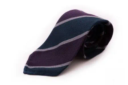 Cashmere Wool Grenadine Tie in Purple, Petrol Blue, Light Grey Stripe